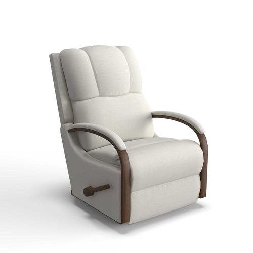 Cream White Rocking Recliner with Curved Wood Arms and Side Lever
