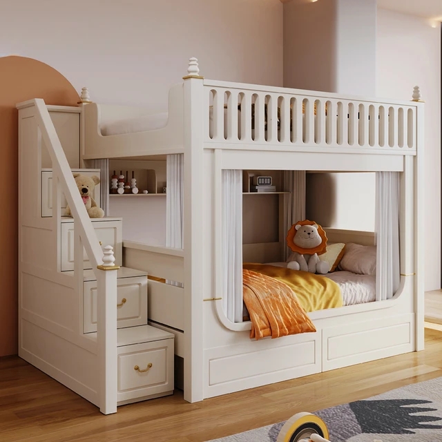 Creative White Bunk Bed Castle Facade Privacy Curtains Staircase