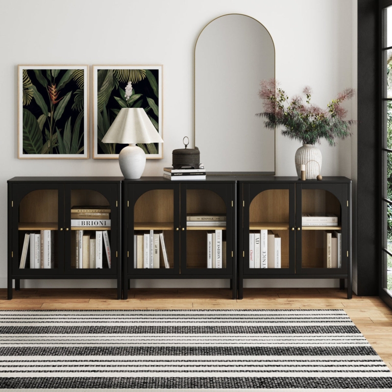 Credenza Matte Black Arched Glass Doors Light Interior