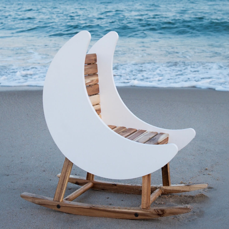 Crescent Moon Rocking Chair White Wood Slatted Design