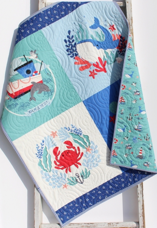 Crib Quilt Ocean Life Illustrations Swirl Quilting Navy Border