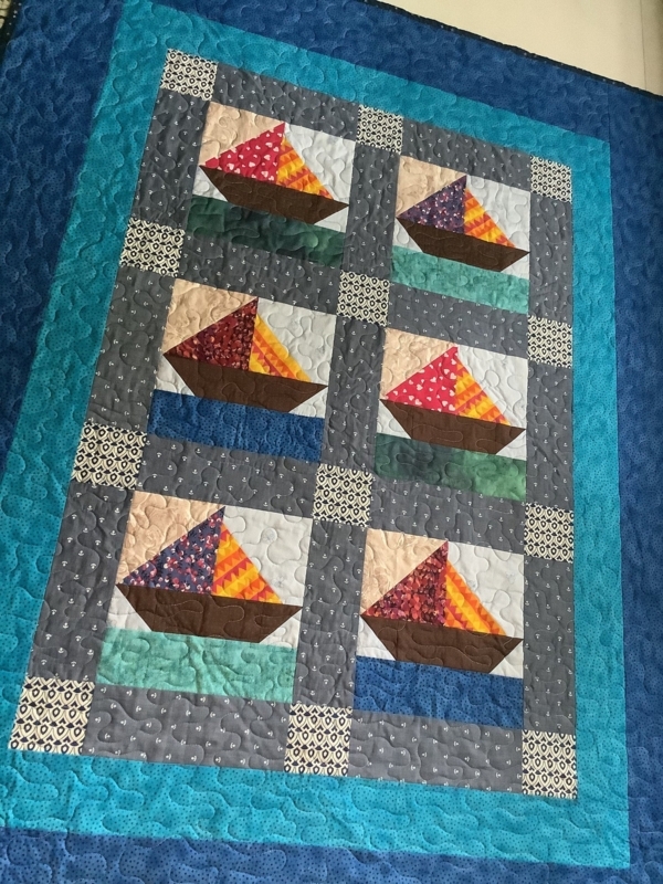 Crib Quilt Sailboat Motifs Teal Inner Border Stipple Quilting