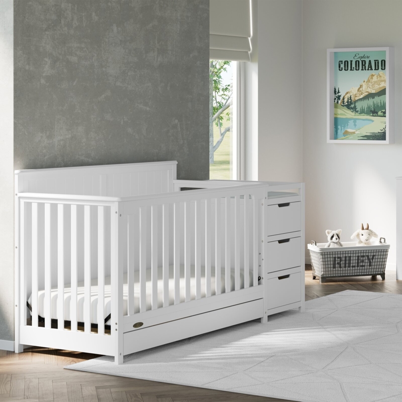 Crib With Storage Matte White Paneled Back Integrated Changing Table