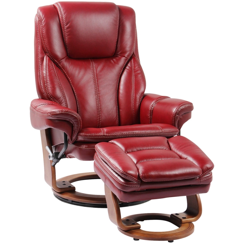 Crimson Red Recliner with Swivel Wood Base and Channel Stitching