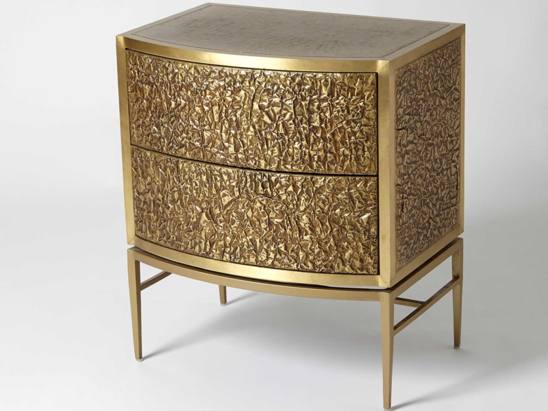 Crinkled Gold Nightstand Bow Front Chest Luxury Glam