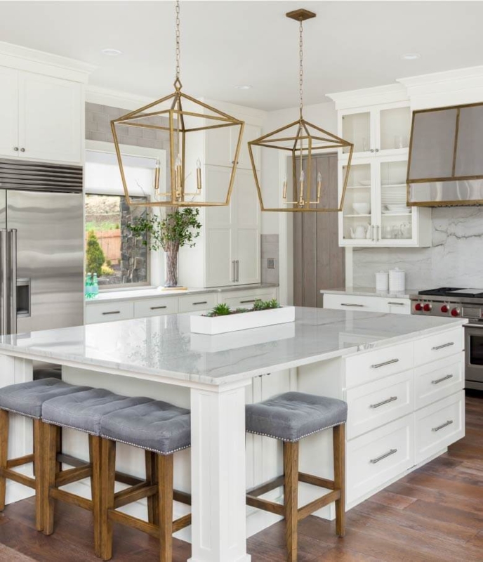 Crisp White Kitchen Island Marble Look Top Drawers