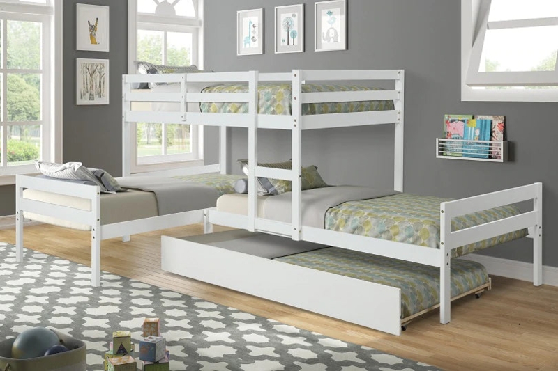 Crisp White L-Shaped Bunk Bed with Pull-Out Trundle and Slats
