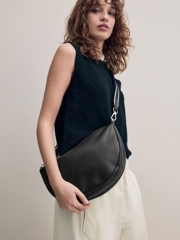 Crossbody Sling Bag Matte Black Pebbled Crescent Striped Strap