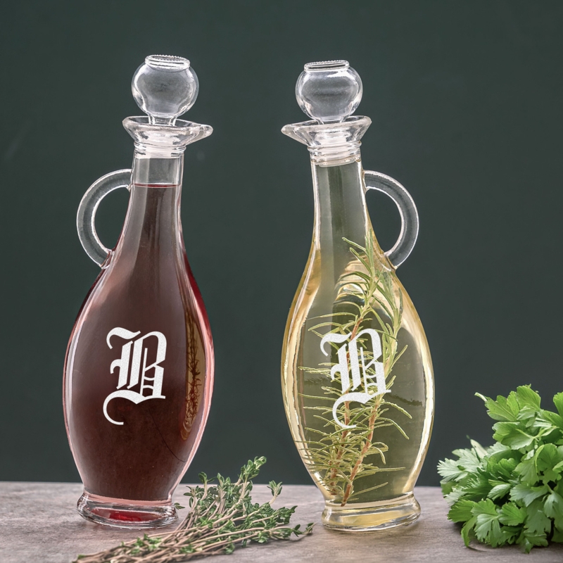 Cruet Set Monogrammed Detail Side Handle Etched Glass Kitchen Accessories