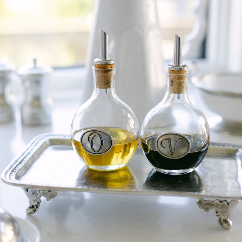 Cruet Set Ornate Footed Tray, Lettered Medallions Silver Toned Accessories
