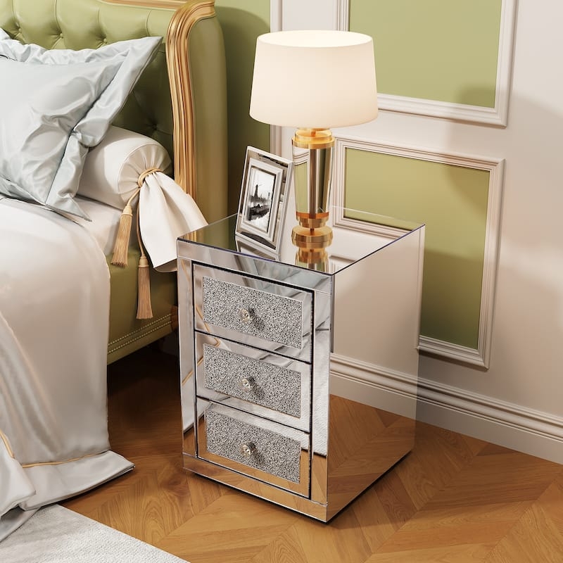 Crushed Crystal Nightstand: Mirrored Finish, 3 Drawers Deco Style