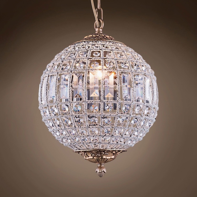Crystal Sphere Chandelier Faceted Bead Lattice Aged Brass Accents Pendant