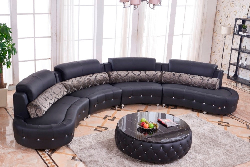 Crystal Tufted Curved Leather Sectional Sofa in Black