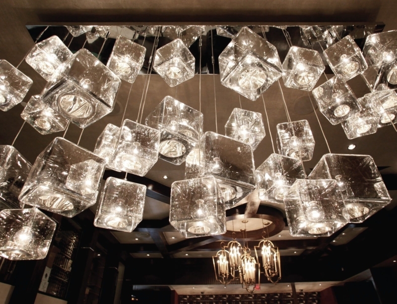 Cube Glass Pendant Cluster Fixture with Reflective Mirrored Canopy