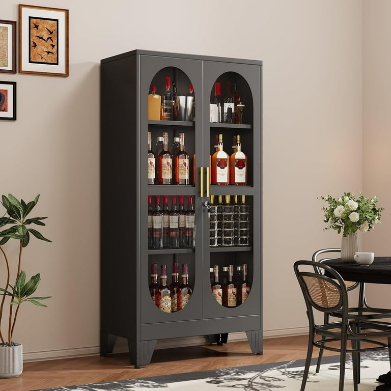Curio Cabinet Arched Glass Doors Charcoal Black Metal Brass Gold