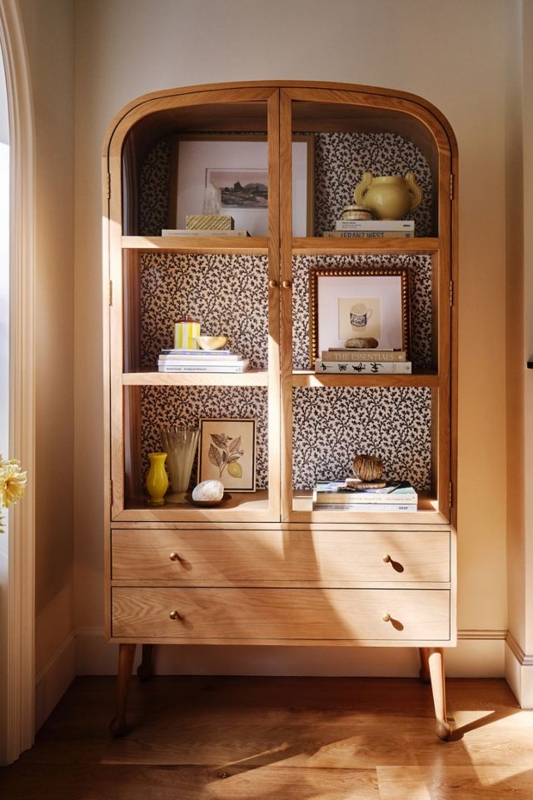 Curio Cabinet Arched Honey Beige Botanical Pattern Back Ball Feet