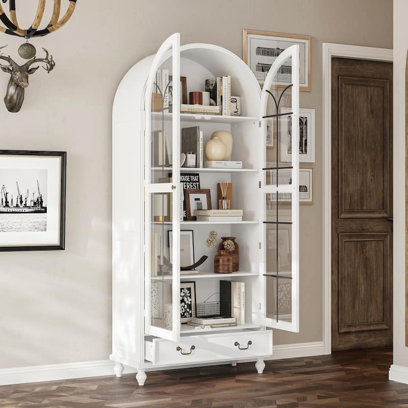 Curio Cabinet Arched White Muntin Detail Base Drawers