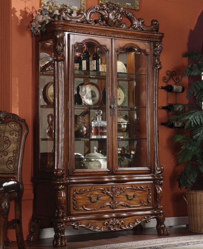 Curio Cabinet Baroque Ornate Carvings Scrolled Pediment