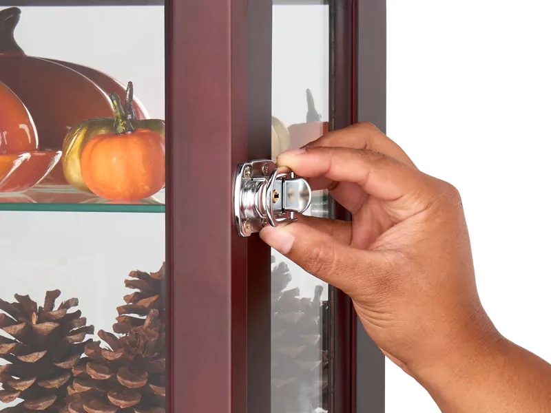 Curio Cabinet Cherry Red Wood Finish Polished Chrome Hardware Lock