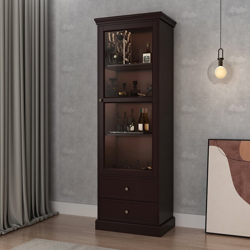 Curio Cabinet Dark Walnut Transitional Crown Molding Bottom Storage Drawers