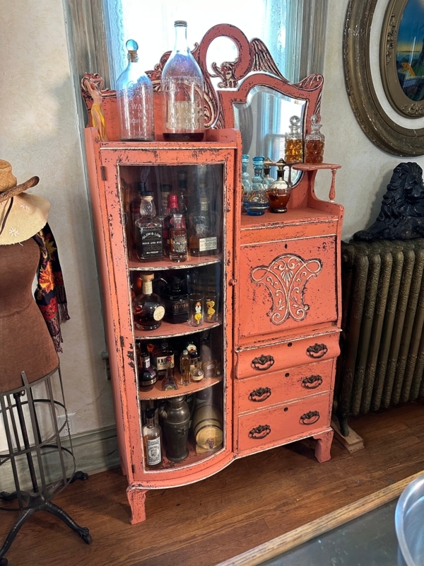 Curio Cabinet Desk Antique Distressed Salmon Pink Curved Glass Display