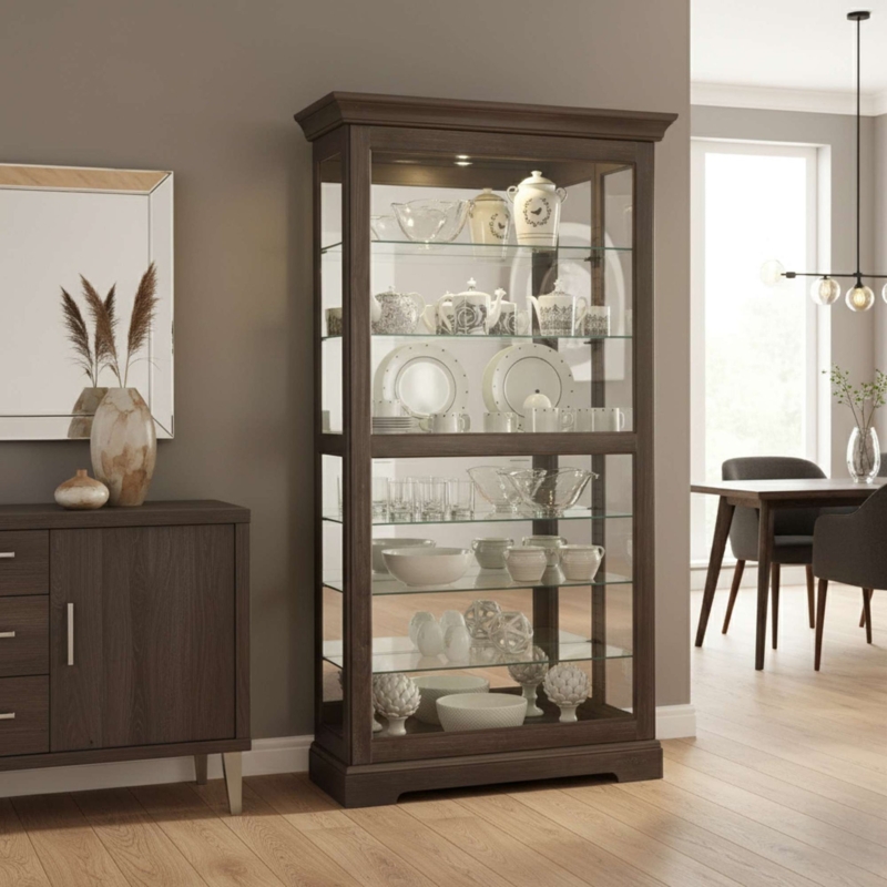 Curio Cabinet Espresso Interior Lighting Mirrored Back Tall Profile