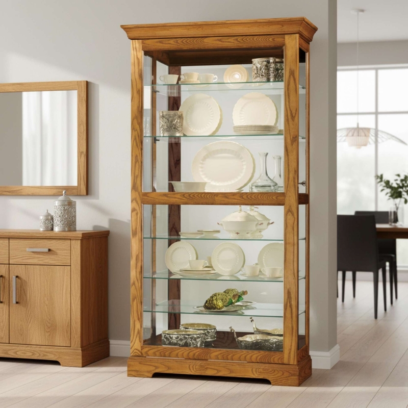 Curio Cabinet Honey Oak Six Glass Shelves Mirrored Back