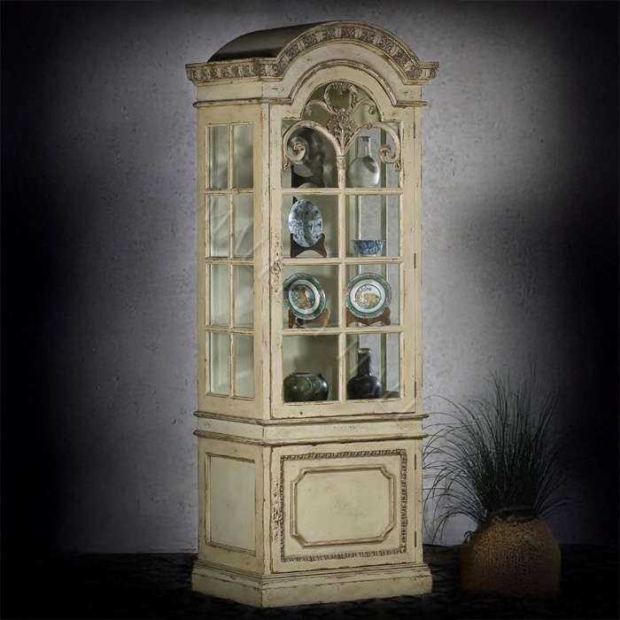 Curio Cabinet in Distressed Parchment Finish with Ornate Fretwork