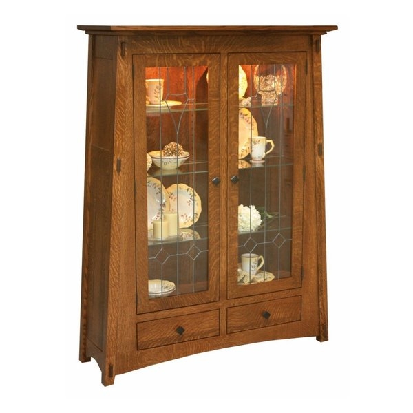 Curio Cabinet Mission Style Tapered Sides Leaded Glass Lighting