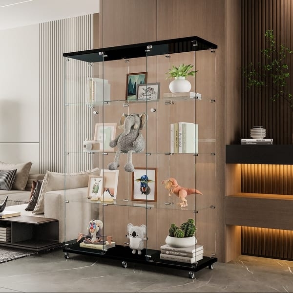 Curio Cabinet Triple Column 12 Shelves Frameless Glass Rolling Casters