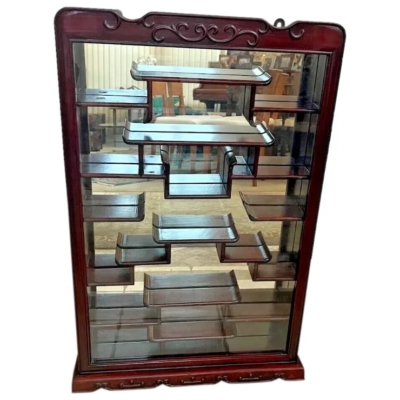 Curio Cabinet Wall Mount Mahogany Staggered Shelves Scrolled Carving