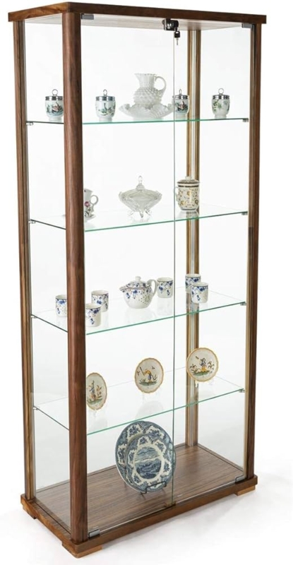 Curio Cabinet Walnut Finish Locking Top Adjustable Glass Shelves
