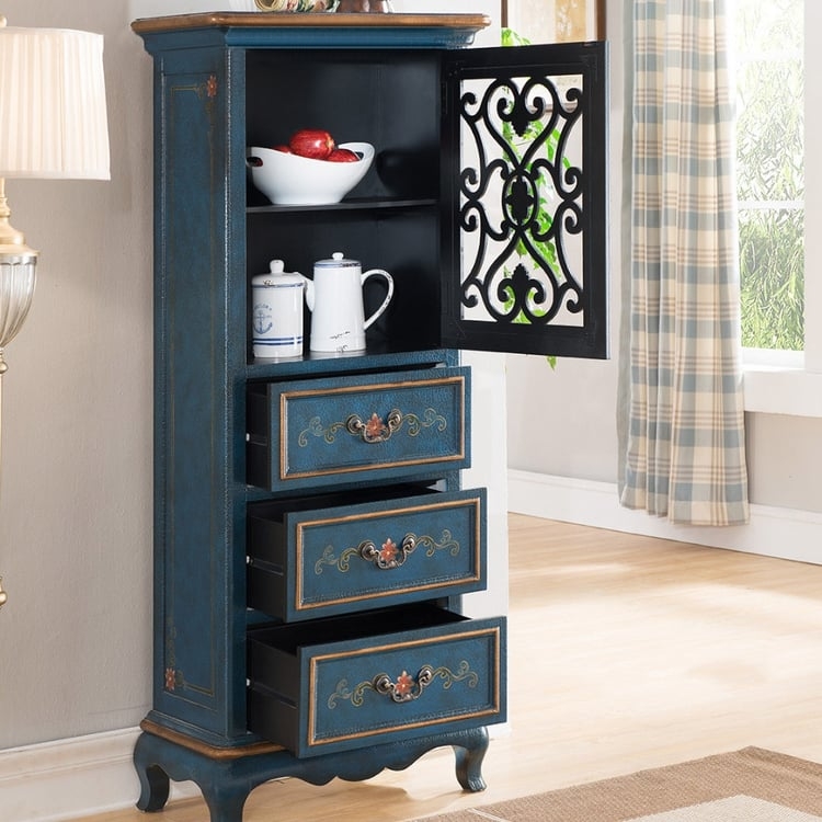 Curio Cabinet Weathered Blue Rustic Scrollwork Lattice Door Hand-Painted
