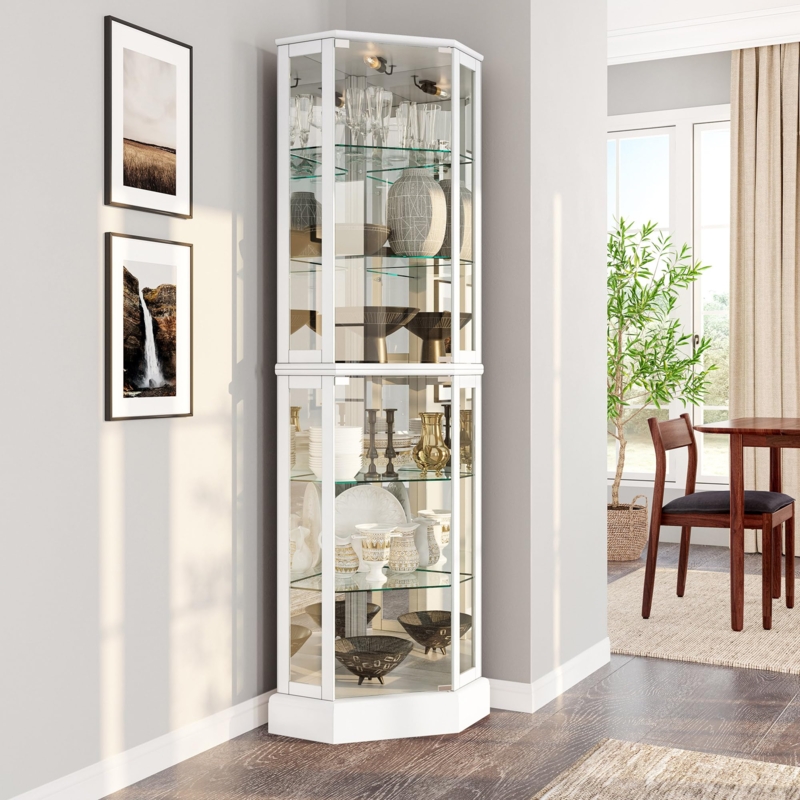 Curio Cabinet White Corner Design Lighted Interior Mirrored Back