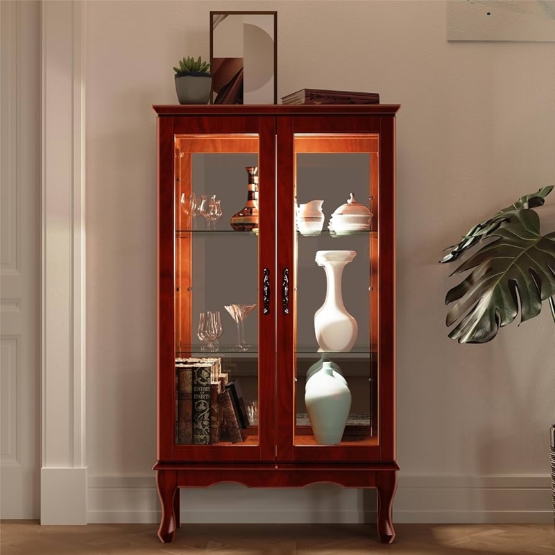 Curio Cabinet with Cabriole Legs, Mirrored Back, and Interior Lighting