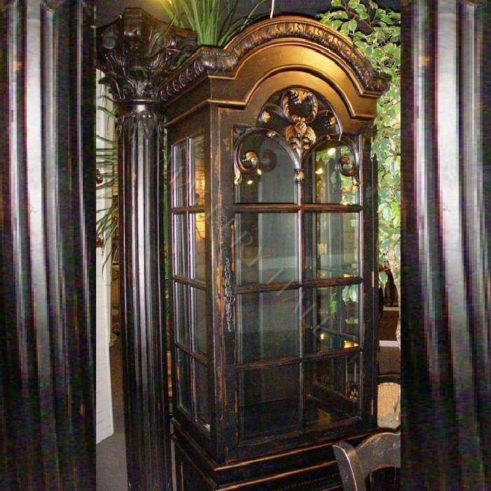 Curio Cabinet with Distressed Dark Finish and Mullioned Glass Doors
