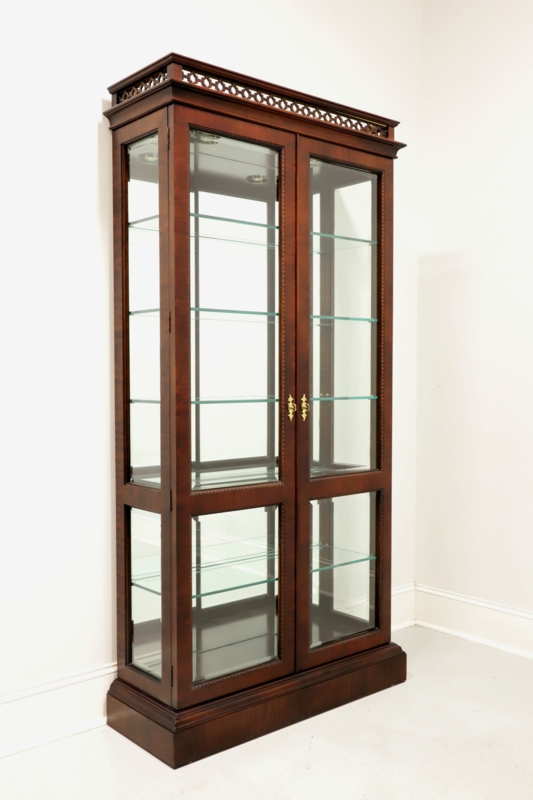 Curio Display Cabinet with Fretwork Gallery Top in Mahogany Finish