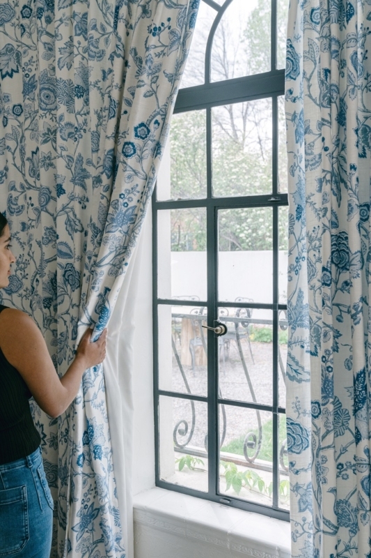 Curtain Panel Botanical Print French Blue Floral Toile Arched Window
