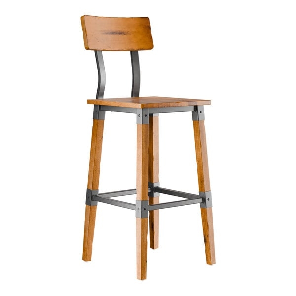 Curved Back Industrial Bar Stool with Metal Brackets and Honey Tone