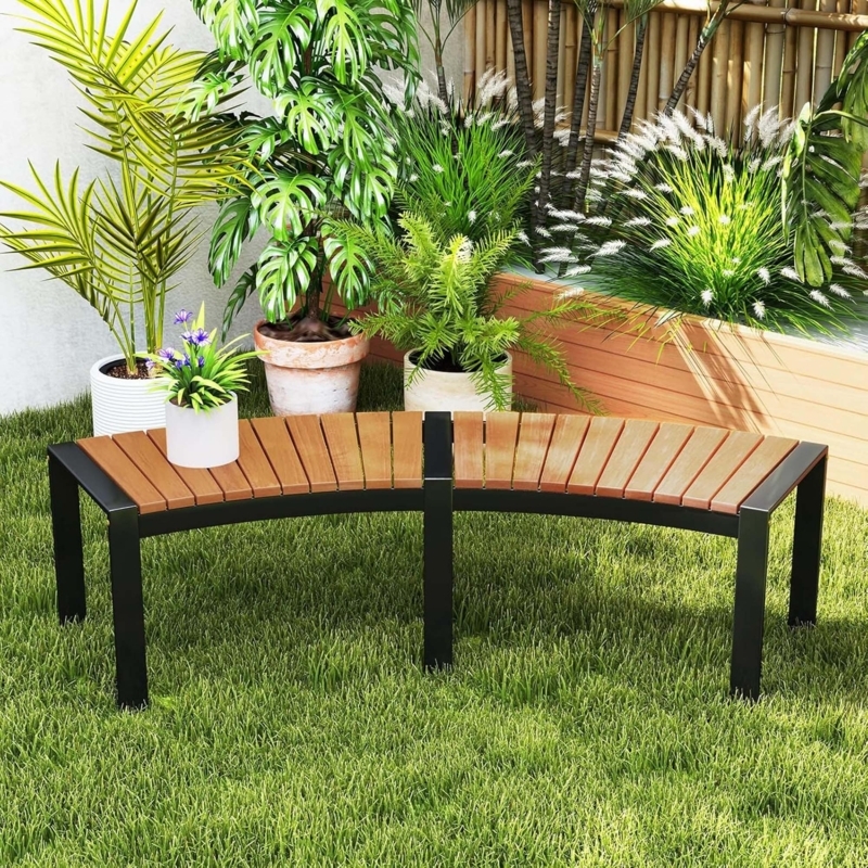 Curved Bench Acacia Wood Slats Black Metal Frame Modern