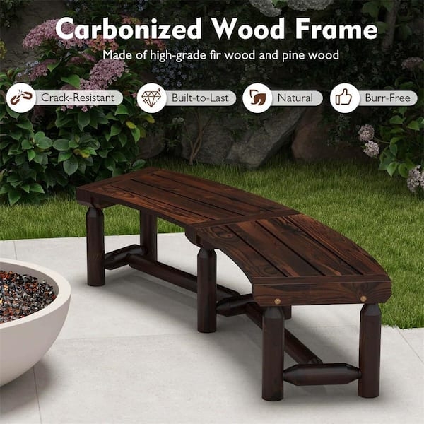 Curved Bench Carbonized Wood Charred Finish Industrial H-Stretcher