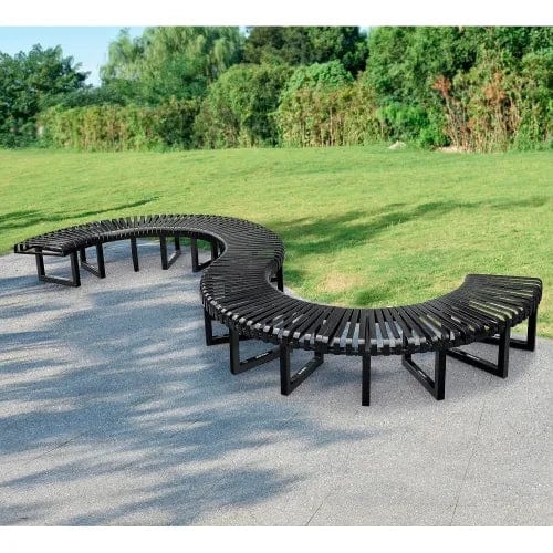 Curved Bench Serpentine S-Shape Matte Black Metal Slats Industrial