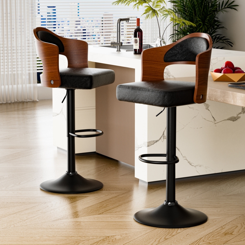 Curved Bentwood Bar Stool, Adjustable Pedestal & Swivel Base.