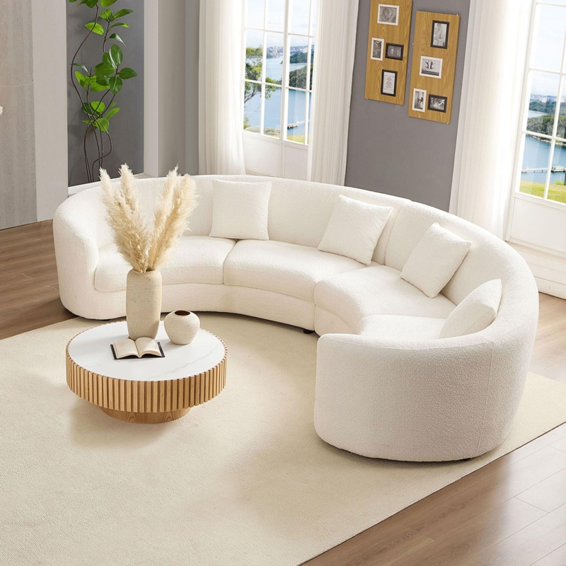 Curved Boucle Sectional Sofa in Cream White Modern Style