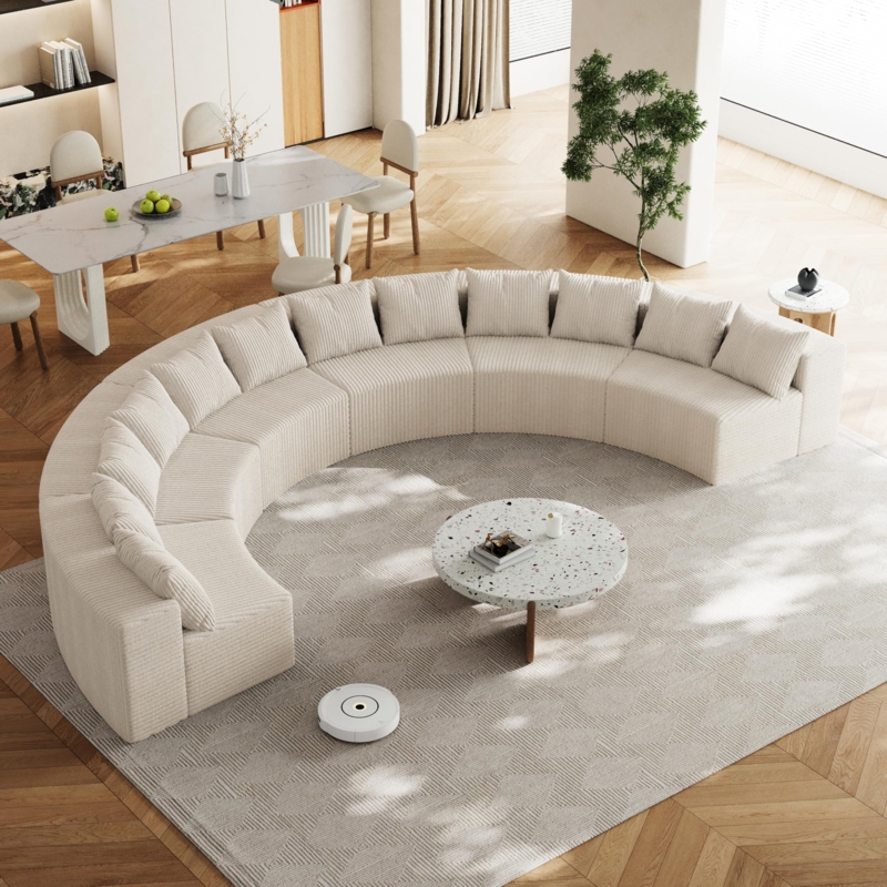 Curved Corduroy Sectional Sofa in Beige Modern Design