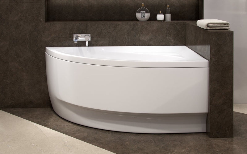 Curved Corner Bathtub in Dark Stone Tile Bathroom