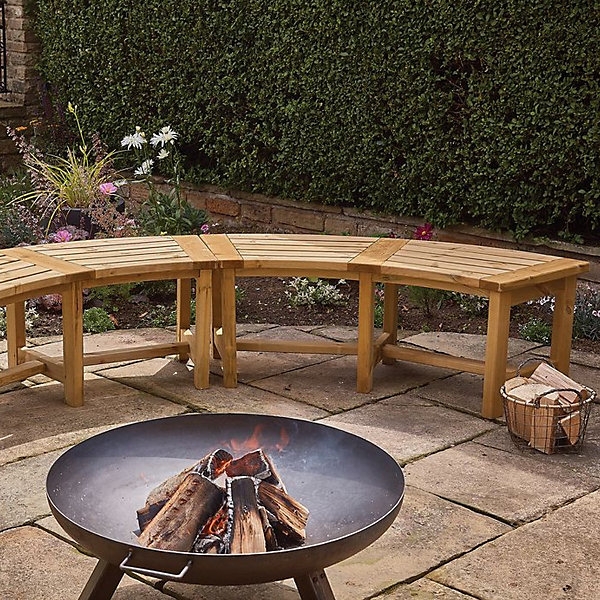 Curved Garden Bench Modular Honey Wood Slat Top Rustic Arc