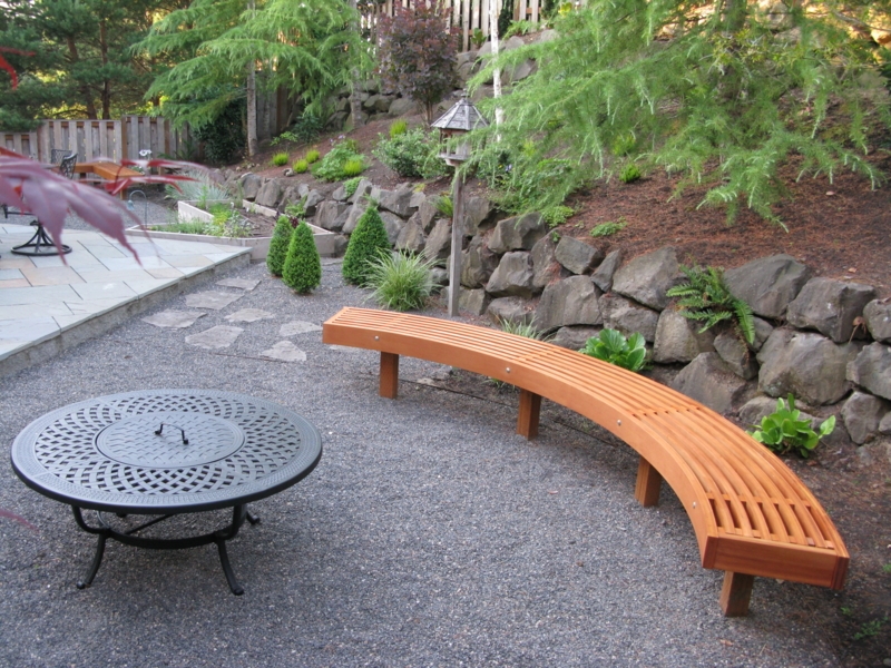Curved Garden Bench Radial Wood Slats Contemporary Gravel Patio