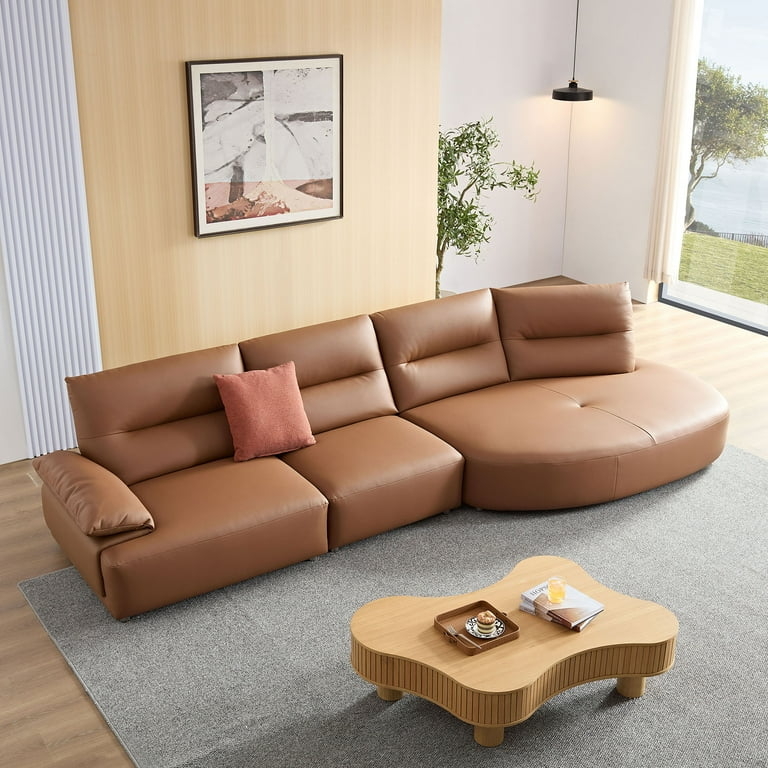Curved Sectional Cognac Brown Wide Chaise Organic Modern Eco Leather