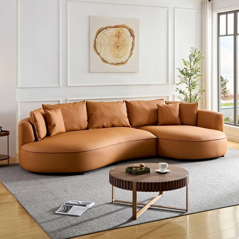 Curved Sectional Sofa Cognac Orange Low Profile Kidney Shape